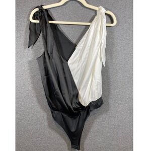 Dance Women Black White Satin Colorblock Tie Shoulder V-Neck Bodysuit L NEW